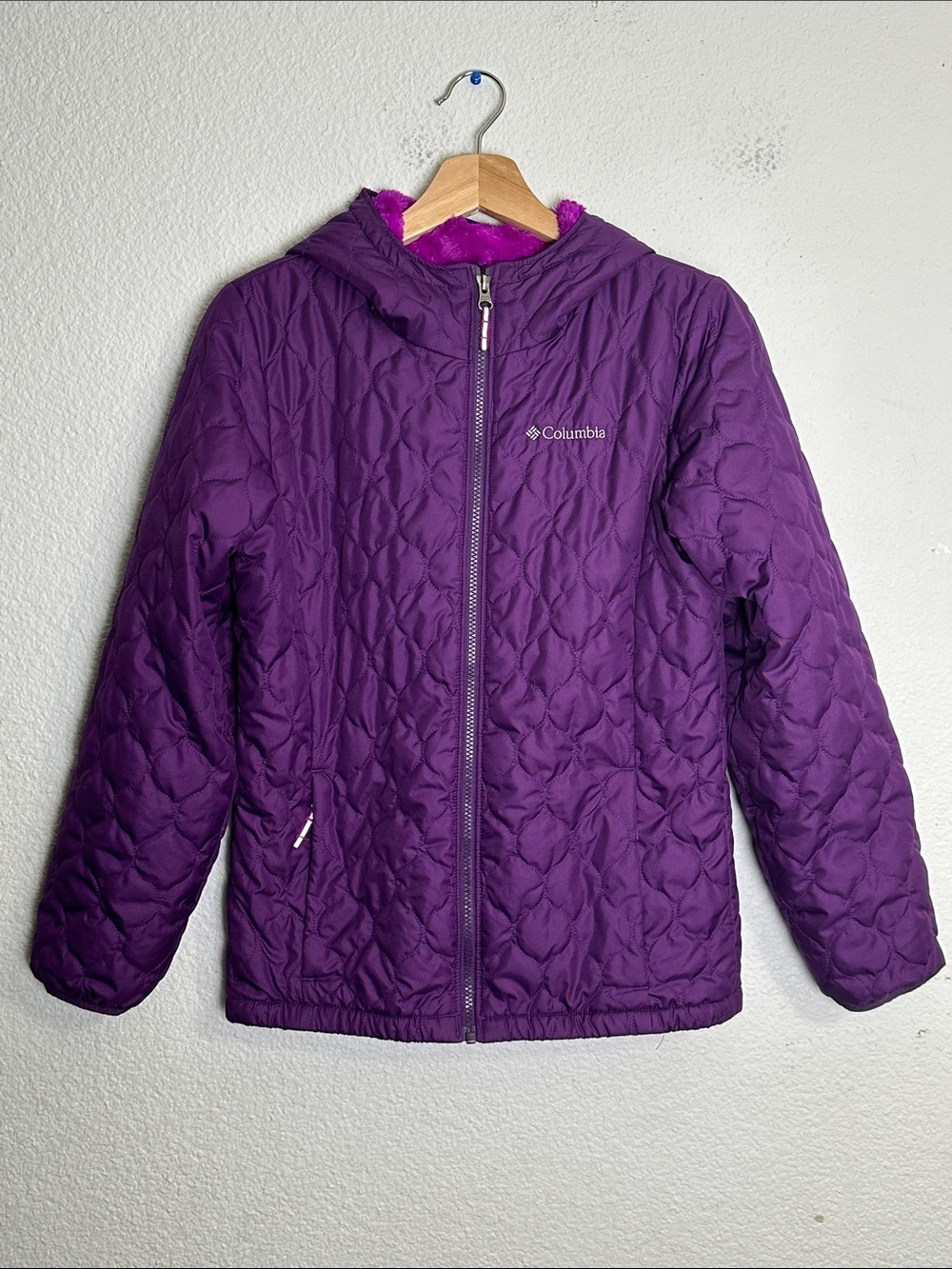 Columbia Bella Plush Quilted Jacket Sherpa Lined Hooded Purple Youth Girls Large